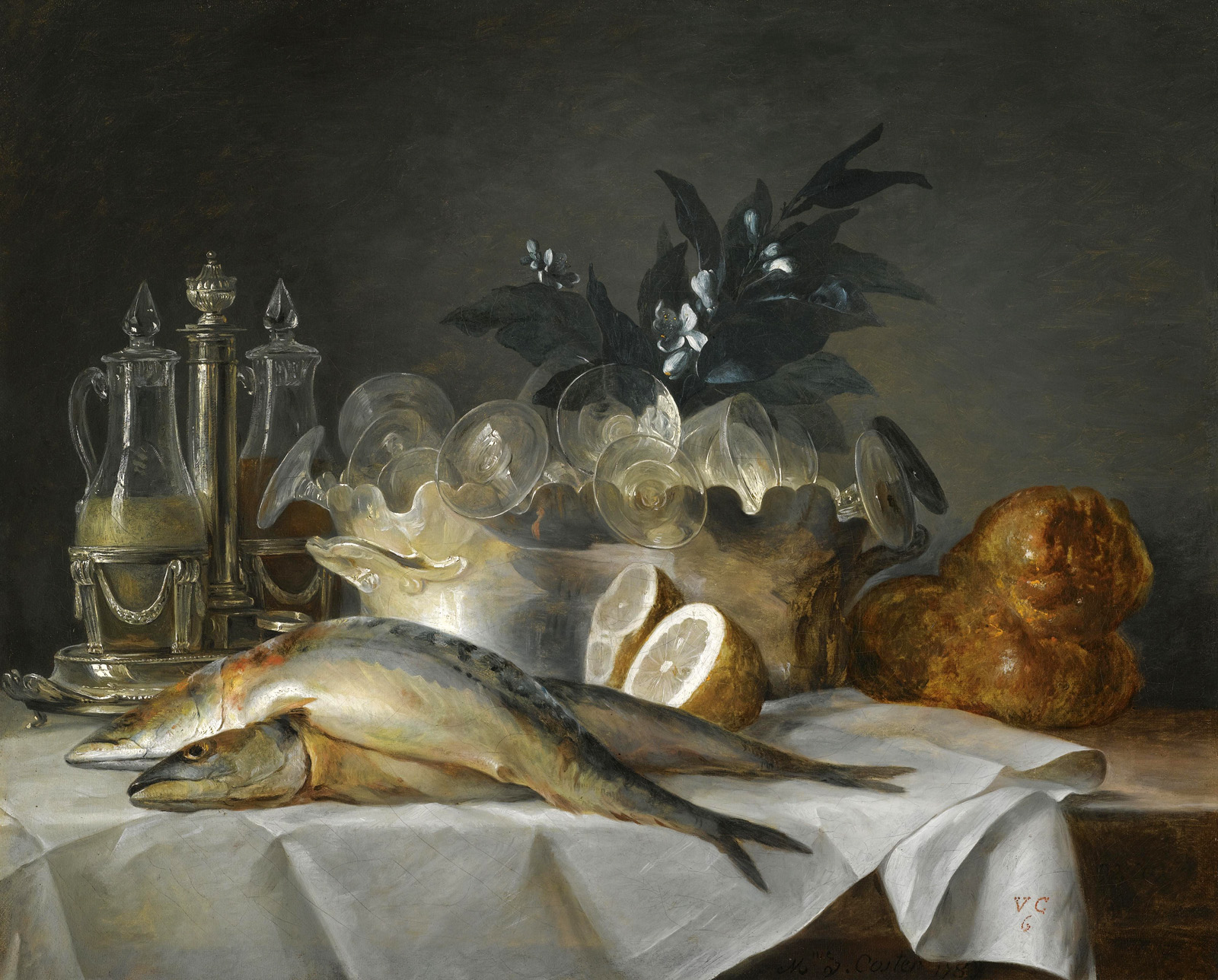 still-life of mackerel glassware a loaf of bread and lemons]